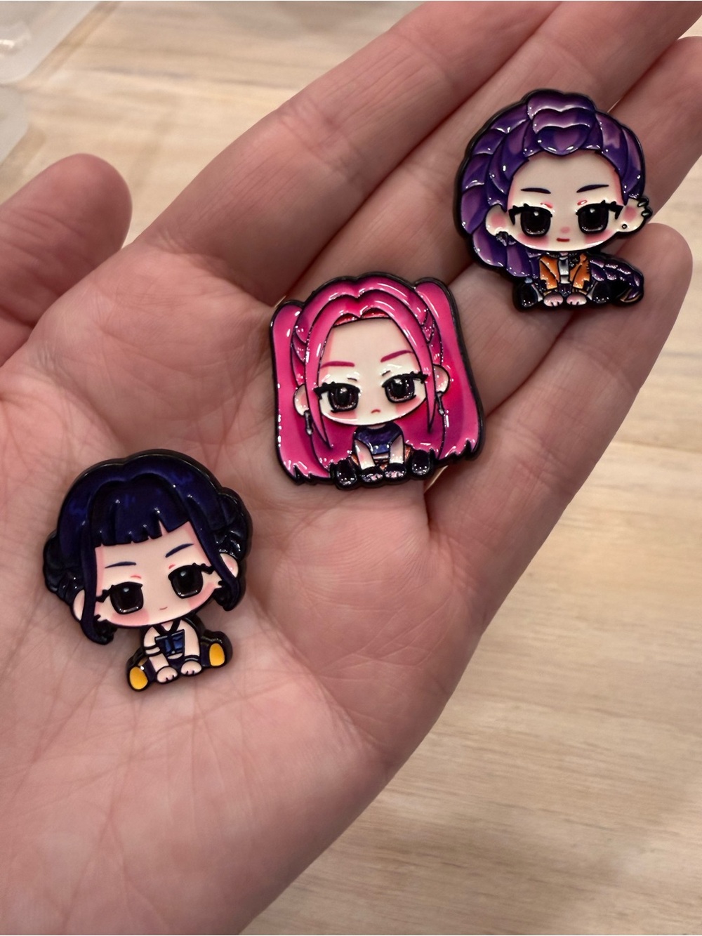 Cute Kpop Demon Hunter Anime Girl Enamel Pins - Pink, Purple, Black Set of 3